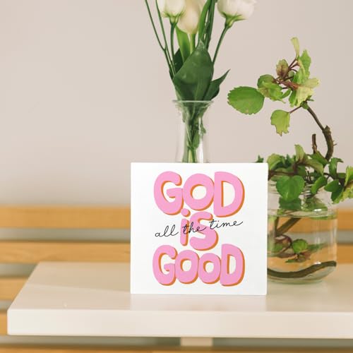 God Is Good All the Time Wooden Box Sign,Pink Bible Shelf Decorations for Teen Girls Desk Table Shelf Decor, Bible Decorating Supplies Gifts for Women, 5x5 Inch God Is Good