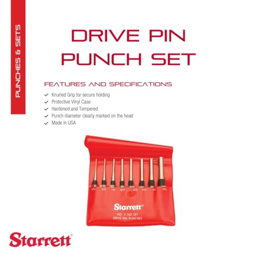 Starrett S565PC 8-piece drive pin punch set, 4-inch length, assorted steel punches in case
