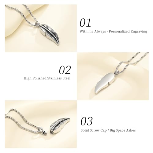 Oinsi Stainless Steel Feather Urn Necklace Hold Cremation Ashes Keepsake Memorial Jewelry +Box+Fill Kits Silver Tone