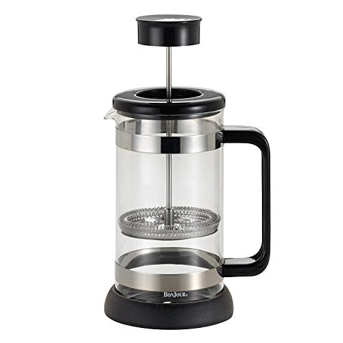 BonJour Coffee Borosilicate Glass French Press with Coaster & Scoop, 33.8-Ounce, Riviera, Black 33.8 oz