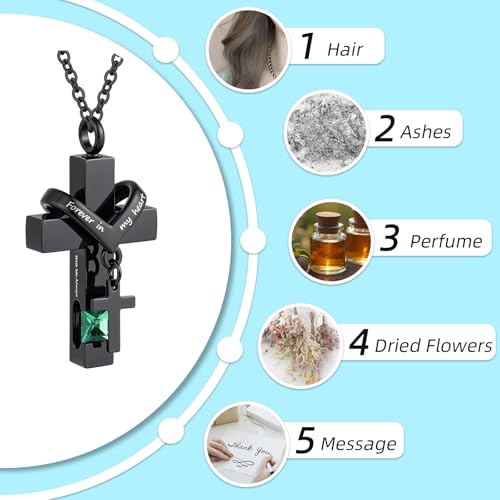 Cross Urn Necklace For Ashes Of Loved Ones With Birthstone - Forever in my heart - With Me Always Cremation Jewelry Keepsake Pendant Women Men