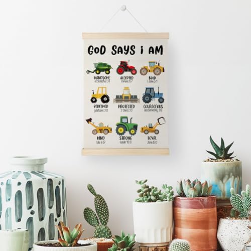 Nrleey Construction Bible Verses Wall Decor with Wooden Poster Hanger - Construction Room Decor for Boys, God Says I Am Christian Wall Art Posters for Little Boys Room Playroom Nursery, 12x16 Inch 16"L x 12"W Christian Coquette- 13