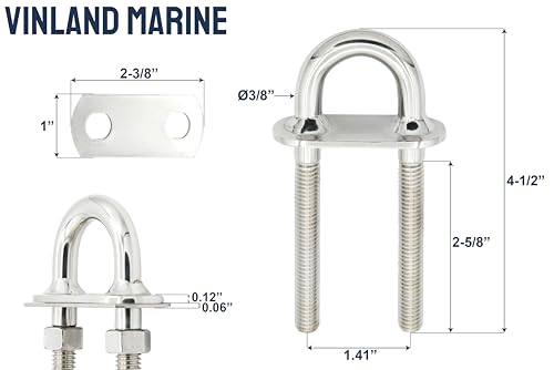 Vinland Marine 304 stainless steel stern eye U-bolt with welded plate for boat bow and stern tie-downs