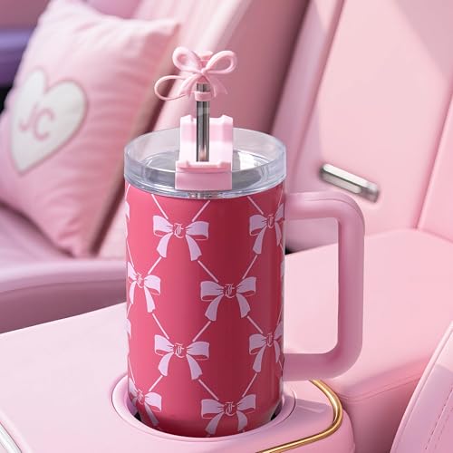 Juicy Couture Jetsetter 40oz Tumbler with Handle and Straw Topper, Pink Bows Pink Bow Trellis 40 Ounces