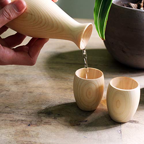 Japanese Traditional Hinoki Wooden Sake Set, 1 Tokkuri Flute and 2 Cups, Handmade in Japan