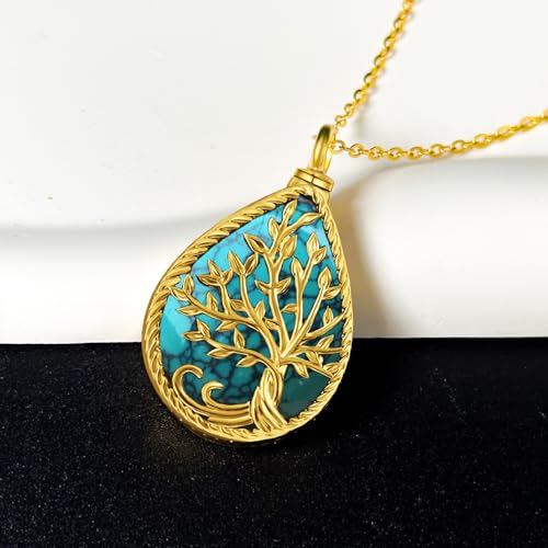 Tree of Life Urn Necklace Teardrop Memorial Keepsake Pendant Antique Turquoise Gold
