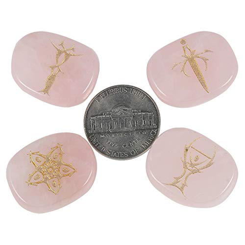 Amogeeli Rose Quartz Healing Crystal Engraved Tarot Symbols Energy Reiki Pocket Stone Set of 4 pcs