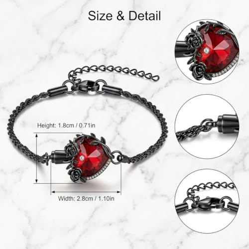 DAYLINLOVE Goth Urn Bracelet for Ashes 925 Sterling Silver Gothic Black Rose Heart Shape Link Bracelets Cremation Memorial Keepsake Jewellery Gift for Ashes of Loved Ones for Women