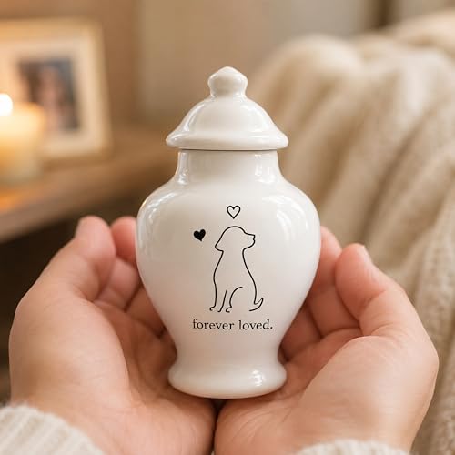 Small Dog Urn for Ashes, Mini Ceramic Pet Keepsake Urn, White Scandinavian Dog Memorial Urn with Lid, 4.5 Inch Pet Ashes Urn for Loss of Dog, Forever Loved Design