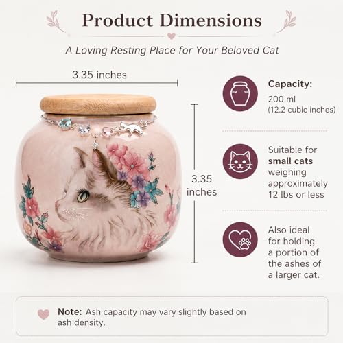 Cat Urn for Ashes, Small Ceramic Pet Urn with Rainbow Crystal Necklace