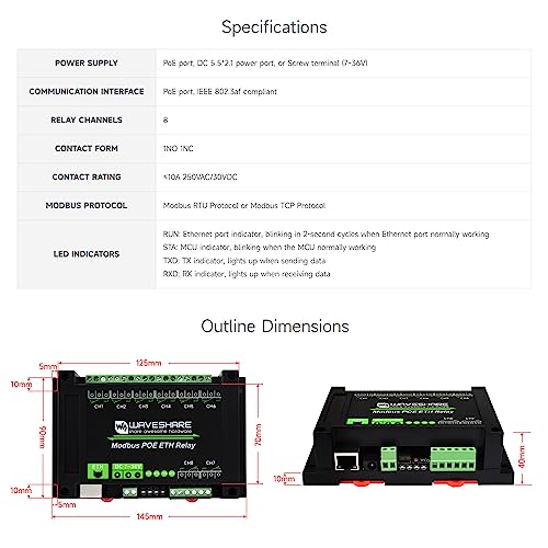 Waveshare 8-Ch Ethernet Relay Module, Modbus RTU/Modbus TCP Protocol, PoE Port Communication, with Various Isolation and Protection Circuits, Industrial Grade Rail-Mount Case
