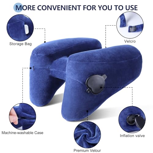 Sunany Travel Neck Pillow for Airplane Pillow Comfortably Supports Head, Neck and Chin, Inflatable Travel Pillow with Soft Velour Cover and Portable Drawstring Bag (Blue, H-Shape) Navy Blue