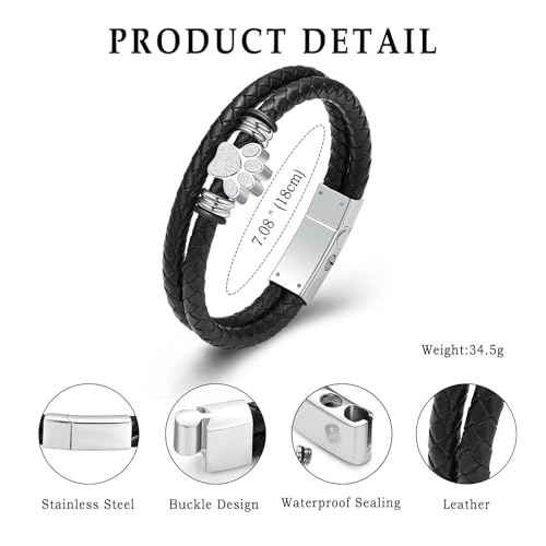 Dog Paw Urn Bracelet for Ashes Braided Leather Cremation Jewelry for Ashes for Dog Cat Keepsake Bangle Silver 20cm/7.87in