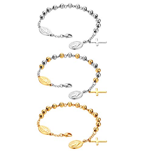 Flongo Cross Rosary Beads Bracelet, Vintage Stainless Steel Jesus Christ Crucifix Cross Bracelet for Men Women Christmas Wedding Silver