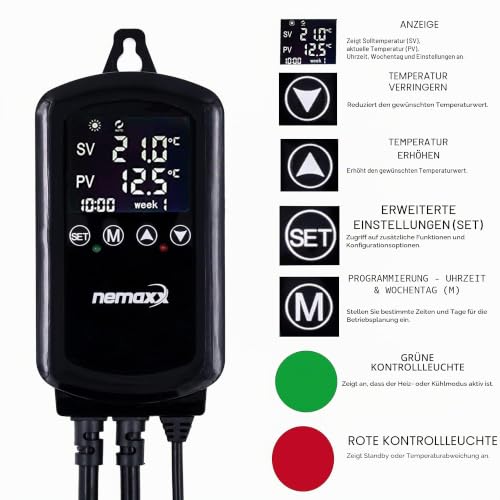NEMAXX NTP16 Socket Thermostat 230 V (3000 W/16 A) with NTC Sensor 2 m, Heating/Cooling Mode, Weekly Program, 2 Sockets