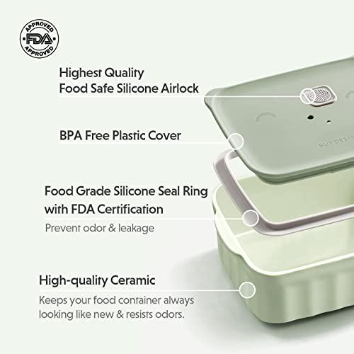 BUYDEEM ceramic bento box with lid, 28 oz, cozy greenish color, ideal for food storage and lunch packing.