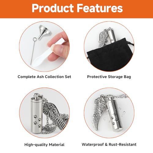 Cylinder Pet Ashes Necklace with Angel Wing, Stainless Steel Dog Urn Pendant for Ashes, Silver Cremation Jewelry Keepsake with Funnel & Pouch, Cat & Pet Memorial Necklace Paw