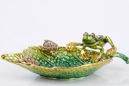 Hand-painted enamel leaf trinket dish featuring a frog and turtle design, ideal for jewelry or ring storage.