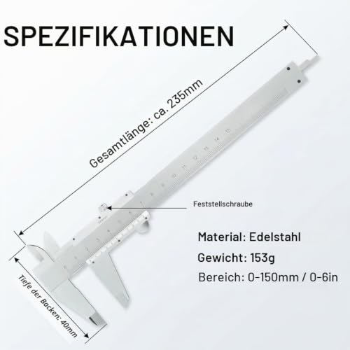 Vernier Calliper 150 mm Stainless Steel High Precision Calliper Analogue | Shockproof Caliper with Case, Metric & Inch Scale, Silver, with Depth Gauge, Industrial & Household, with Depth Gauge