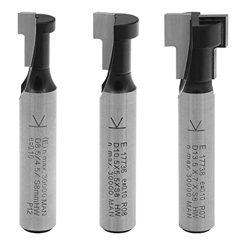 ENT 09003 3-Piece HW T-Slot Cutter Set, Optimised for M5, M6 and M8 Screws, HW (HM), Shaft (S) 8 mm - Grooves for Standard Hex Screws