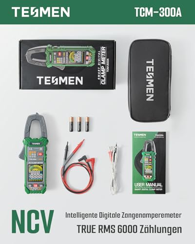 TESMEN TCM-300A Digital Clamp Meter 6000 Counts T-RMS Ammeter Auto Ranging Multimeter Voltmeter with AC Current AC/DC Voltage NCV/Live Wire Inrush Current Resistance Diode Temperature - Green