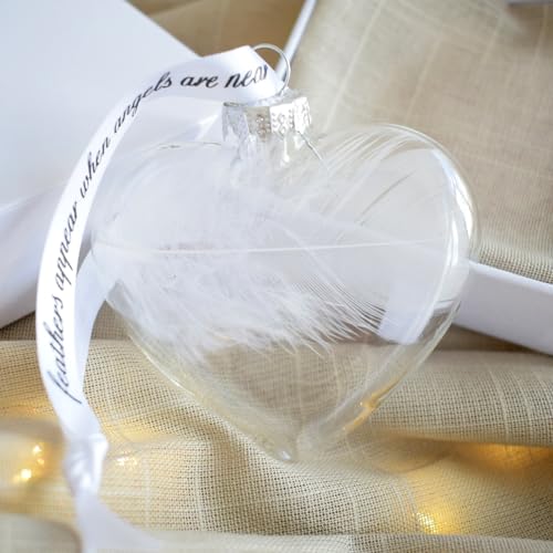 White Feather Glass Heart Bauble. Gift Boxed Christmas Tree Decoration. Spiritual Angel Gift. Memorial Condolence Ornament