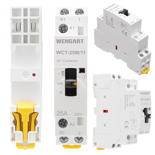 Wengart Humm-Free Installation Contactor 25A AC 230V - 1NO + 1NC (1 N/O Contactor, 1 Opener) - with Manual Control Manual Control - 18 mm (1 TE) - Silent Contactor for Load Dropping & Maintenance 1NO1NC
