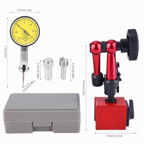 Lever Dial Gauge with Magnetic Holder 0-0.8 mm, Precision Dial Gauge 0.01 mm Accuracy | Robust lever test indicator in red, flexible magnetic stand for lathe & milling machine, shockproof testing device for workshop