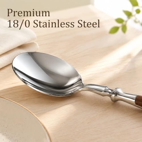 Set of 8 stainless steel soup spoons with wood grain color handles, dishwasher safe, by Binchill.