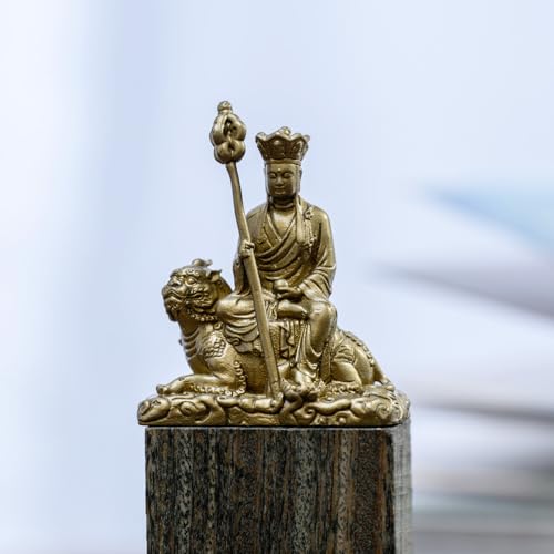 Chufan Mini Ksitigarbha Bodhisattva Sitting on Tiger Tiny Buddha Statue Figurines Brass Spiritual Sculpture Statue Meditation Handmade Feng Shui Decor