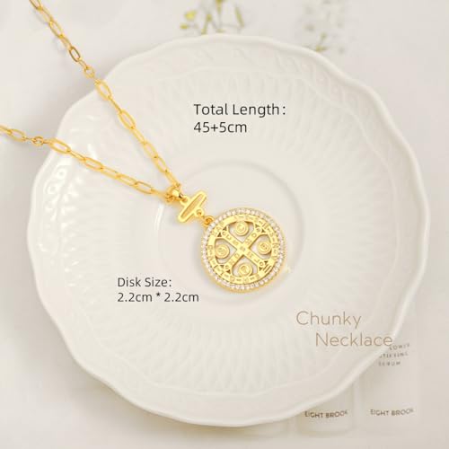 POTESSA 18K Gold Plated Pendant Necklace Medallion Coin Heart Y Shaped Chain Toggle Necklace for Women Jewelry CZ Cross