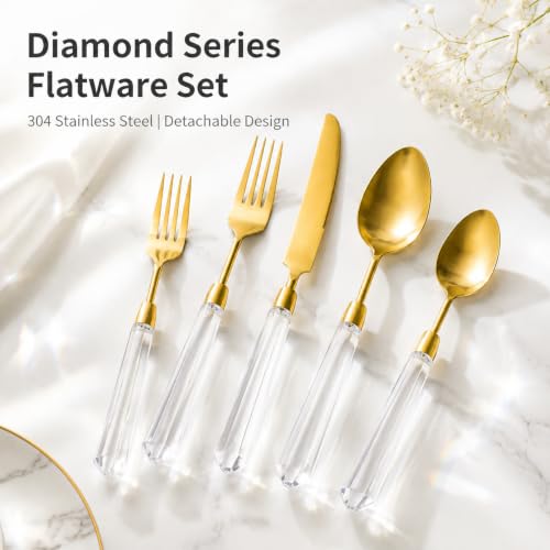 Gold Flatware Set, 5-Piece Gold Silverware Cutlery Set with Transparent Acrylic Handle, Diamond Shape 304 Stainless Steel Matte Knife Fork Spoon, Dishwasher Safe for Home Wedding Hotel