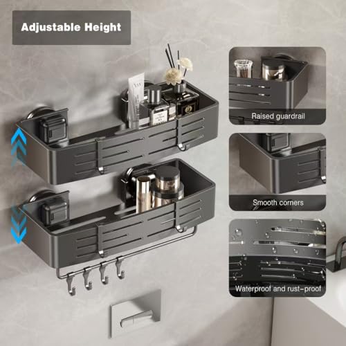 Voldra Shower Caddy Suction Cup, 2 Pack Shower Shelves for Inside Shower No Drilling, Aluminum Suction Showers Organizer with Towel Bar & Hooks Removable Bathroom Shelf Storage Rack(Gray) Suction Cup Rectangle-2 Pack