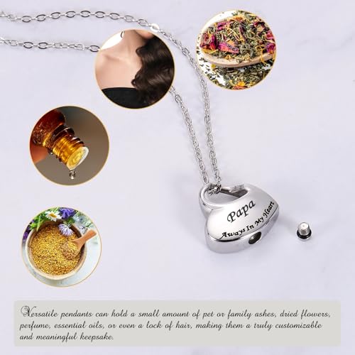sourcing map Heart Cremation Necklace for Ashes Papa, Urn Ash Memorial Cremation Necklaces Waterproof Keepsake Pendant with Funnel Kit for Ashes of Loved Ones (Silver Tone)