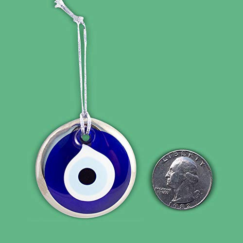 Silver Gilt Handmade Evil Eye Turkish Greek Glass Charm Decorative Ornament for Good Luck, Success and Protection (2.7 inches) 2.7 inches