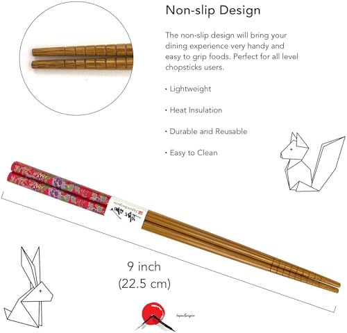 JapanBargain 3648, Bamboo Chopsticks Set Reusable Japanese Chinese Korean Wood Chop Sticks Hair Sticks, Dishwasher Safe, 9-inch, 5 Pair Gift Set, 10-Pack