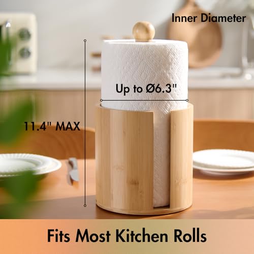 Gobam Bamboo Paper Towel Holder Countertop, Stable Wooden Kitchen Roll Holder with Smooth-Pull Sheet & Anti-Slip Pads, Fits Rolls up to Ø6.3, Wood Standing Towel Dispenser for Farmhouse Home Decor