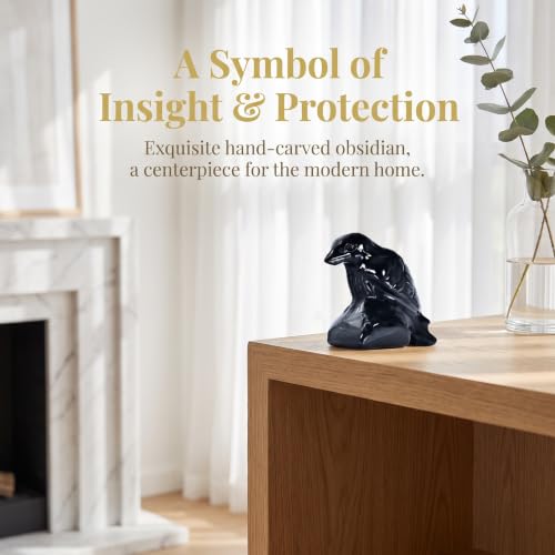 Obsidian Raven Sculpture Small Crystal Crow Figurine 1.57” for Home Decor, Healing Crystals Stone, Spiritual Totem Gift Raven-b