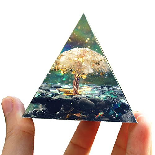 Tree of Life Orgonite Pyramid Kit White Quartz with Obsidian Stone Positive Reiki Energy Generator Crystal Healing Orgone Collection Wealth Lucky Meditation Tool Clear-black