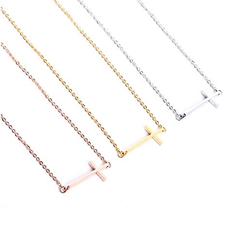 MiniJewelry Minimalist Sideways Cross Necklace for Women Christians Daughters Mom Family Jesus Sacrificial Love Silver Gold Rose-Gold Stainless Steel