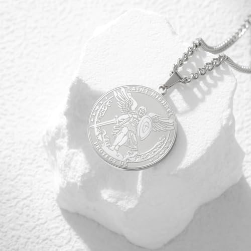 TEAMER Saint Michael Necklace Stainless Steel St. Michael The Great Protector Archangel Amulet Necklace Religious Jewelry For Women Silver
