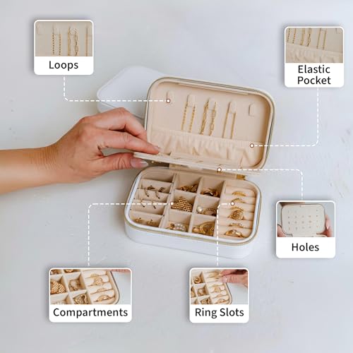 Small Travel Jewelry Box Organizer for women & Girls, Portable Small Travel Jewelry Case Organizer for Traveling, PU Leather Mini Box for Earrings, Necklaces, Rings, Bracelets - White