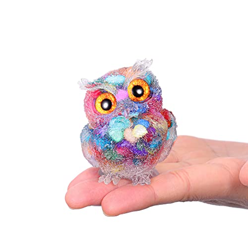 Jovivi 2.5" Rainbow Shell Crystal Owl Statue Carved Resin Reiki Healing Crystal Pocket Stone Sculpture Gemstone Animal Owl Figurines Ornament Cute Room Office Decor Gifts