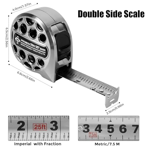 TMWEFUSC stainless steel tape measure, 25ft/7.5m double-sided metric and imperial scale beveled edge blade