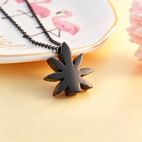 Marijuana Leaves Urn Necklaces for Ashes Cannabis Leaves Cremation Jewelry for Ashes Holder Stainless Steel Memorial Keepsake Jewellery Black
