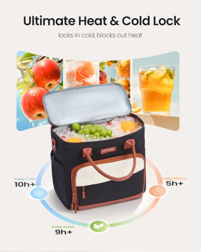 LOVEVOOK Lunch Box for Women,Adult Lunch Bag for Work,13L,Black-Beige-Brown Classic Black-beige-brown Large-13L