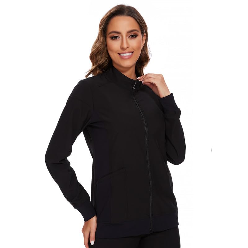 [Australia - AusPower] - Scrub Jackets for Woman, Zip Front Nurse Jacket, 4-Way Stretch Fabric Black Medium 
