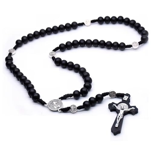 Luck Trader Saint Benedict Black Wood Rosary Beads Traditional Catholic Prayer Necklace, Religious Cross Hail Mary