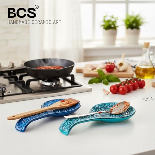 Ceramic Spoon Rest for Stove Top & Kitchen Counter, 9" Hand-Painted (2 PCS) Blue-Turquoise (Set of 2)