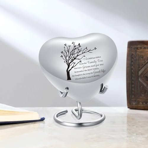 Heart Urn for Ashes - Small Heart Shaped Keepsake Urn for Human (Male/Female) or Pet Remains, Holds Small Portion of Ashes with Stand Silver-tree of Life